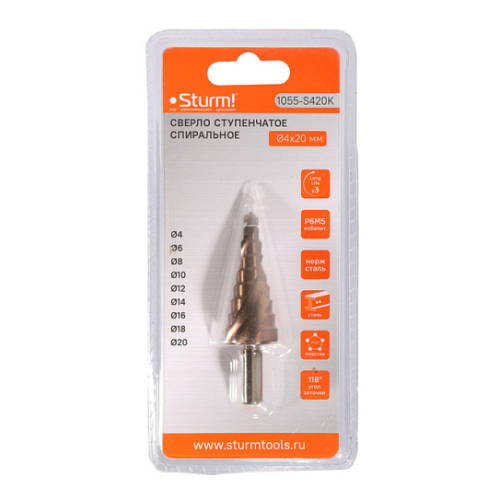 Сверло ступенчатое по металлу спираль 4-20 мм шаг 2 мм Р6М5+COBALT STURM