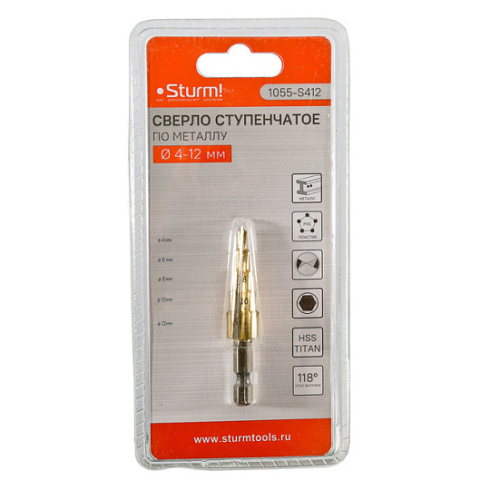 Сверло ступенчатое по металлу 4-12 мм шаг 1 мм HSS+TIN прямое STURM