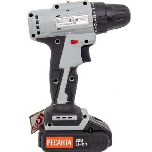 Аккумуляторная дрель-шуруповерт (20 В, 2 А/ч, 1400 об/мин) ДА-20-2ЛК-Б Ресанта 75/14/10