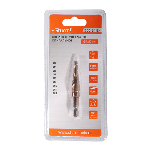 Сверло ступенчатое по металлу спираль 4-12 мм шаг 1 мм Р6М5+COBALT STURM