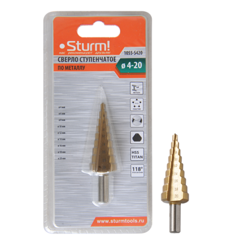 Сверло ступенчатое по металлу 4-20 мм шаг 2 мм HSS+TIN прямое STURM
